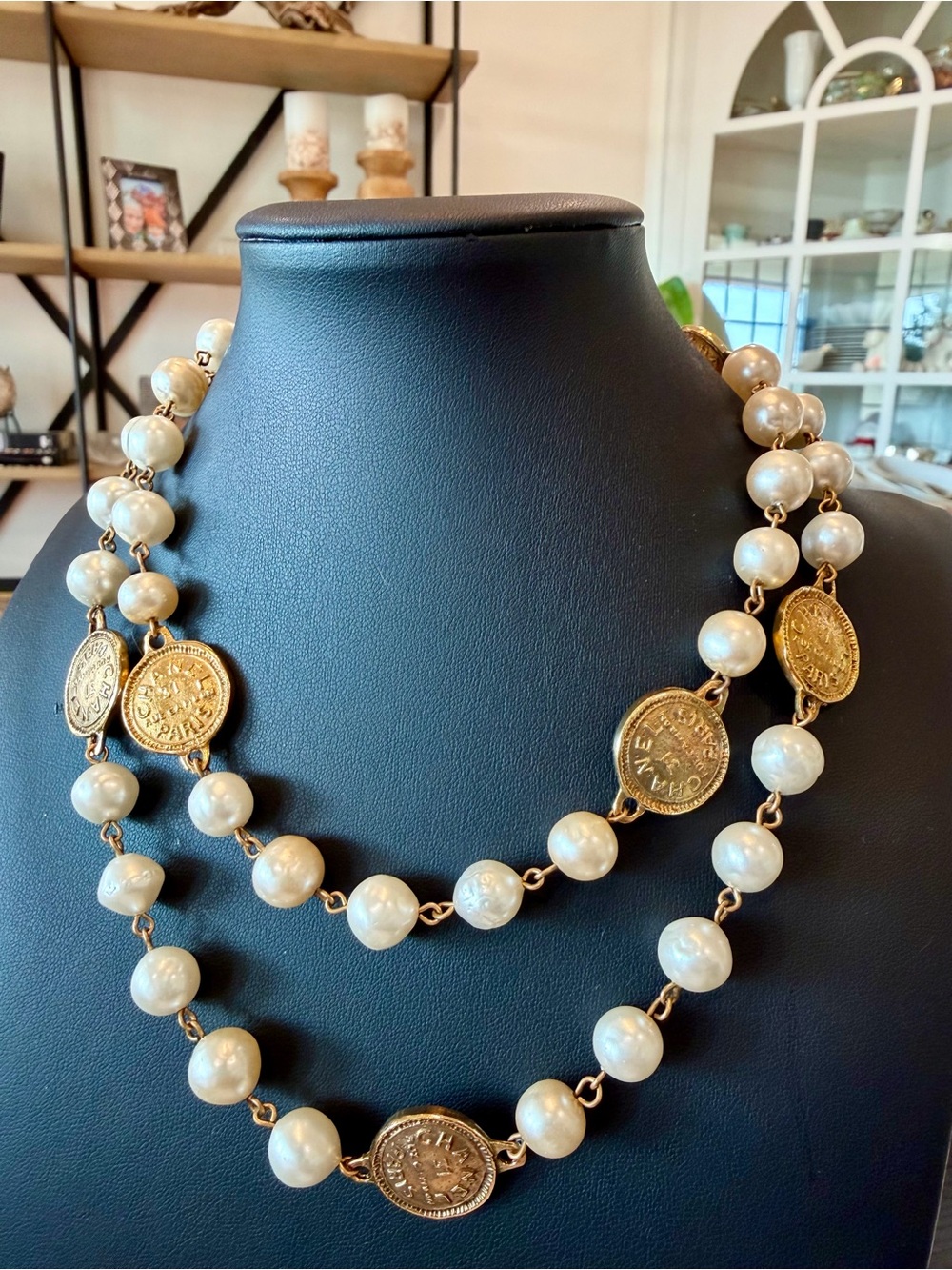 CHANEL Gold Coin and White Pearl Long Necklace